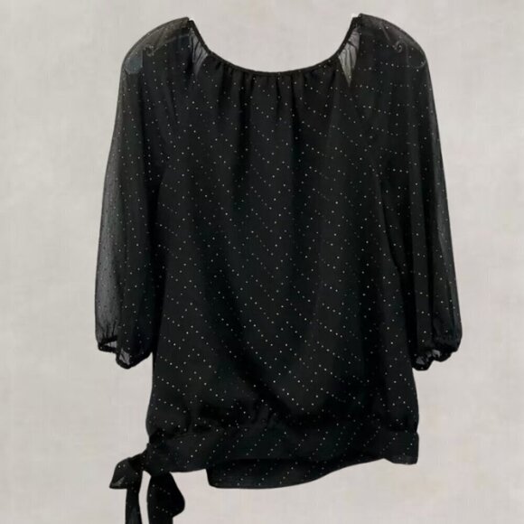 ELLE Blouse Dot Details Sheer Sleeves Scoop Neckline Tie Hem Black & Bronze L - Picture 2 of 14